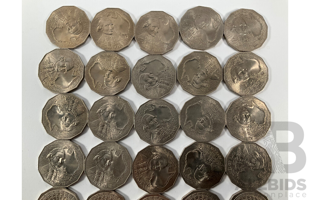 Sixty Australian Commemorative Fifty Cent Coins Including Twenty 1970 Captain Cook, Twenty 1977 Jubilee, Twenty 1981 Charles and Diana