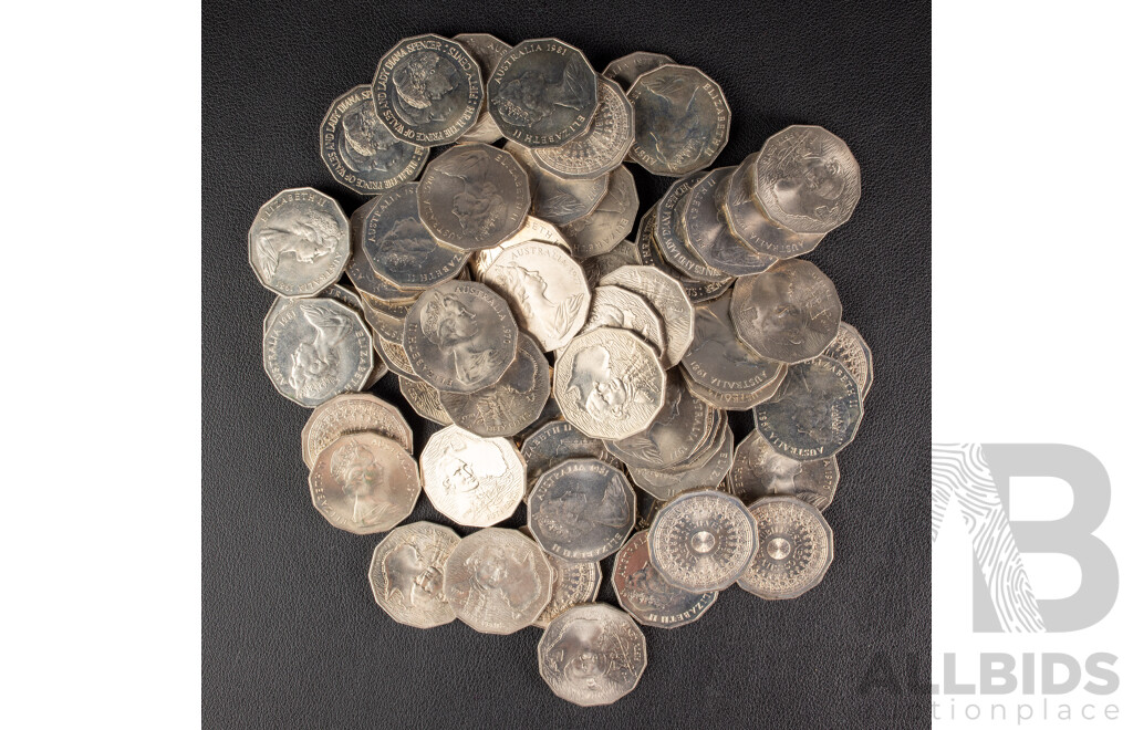 Sixty Australian Commemorative Fifty Cent Coins Including Twenty 1970 Captain Cook, Twenty 1977 Jubilee, Twenty 1981 Charles and Diana