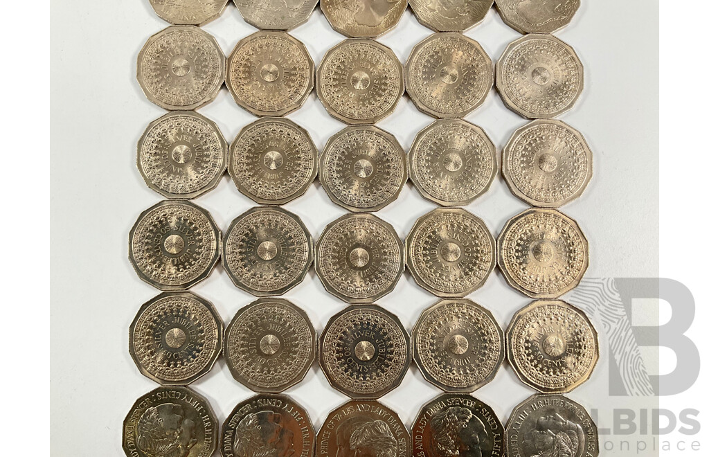 Sixty Australian Commemorative Fifty Cent Coins Including Twenty 1970 Captain Cook, Twenty 1977 Jubilee, Twenty 1981 Charles and Diana