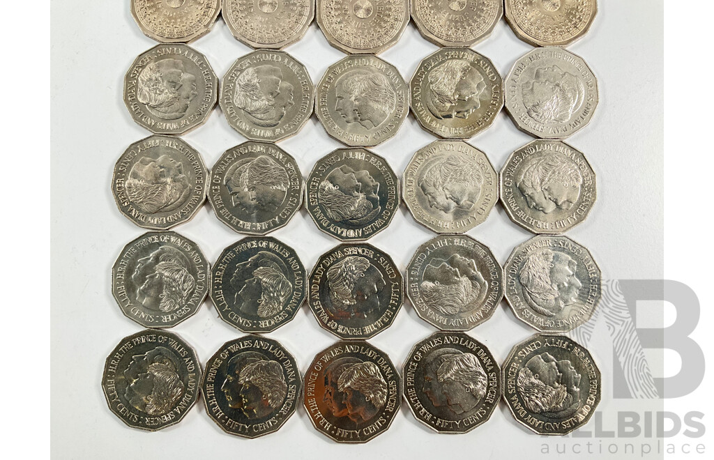 Sixty Australian Commemorative Fifty Cent Coins Including Twenty 1970 Captain Cook, Twenty 1977 Jubilee, Twenty 1981 Charles and Diana