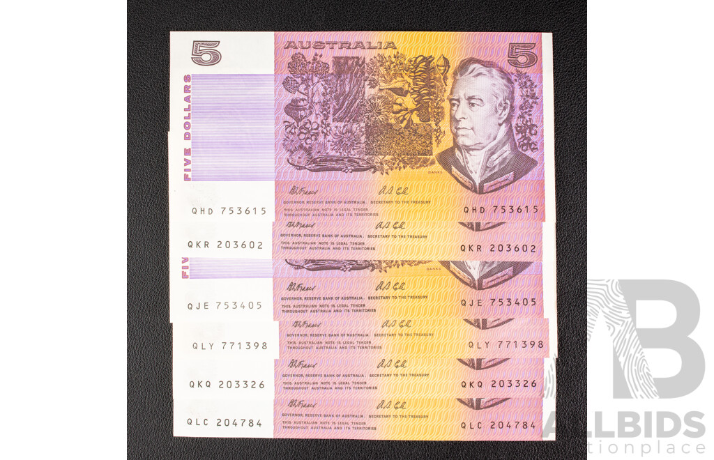 Six Australian 1991 Five Dollar Notes, Fraser/Cole, R213