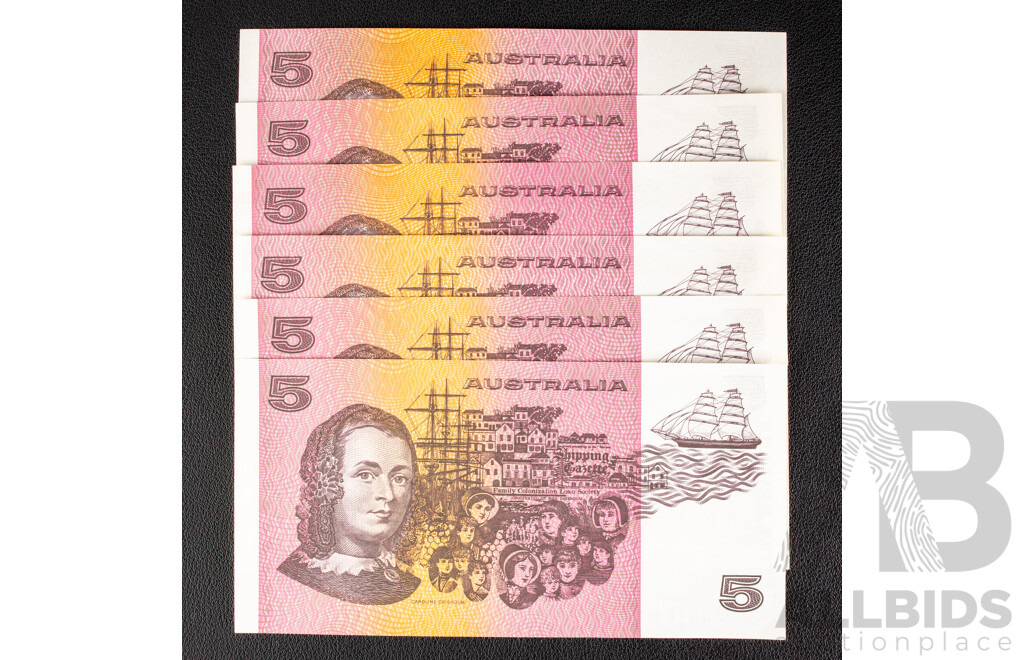 Six Australian 1991 Five Dollar Notes, Fraser/Cole, R213