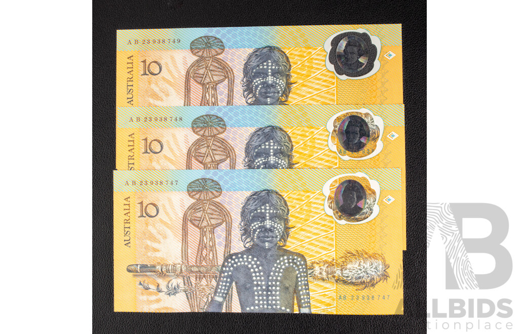 Three Australian 1988 Bicentennial Ten Dollar Notes, First Issue Johnston/Fraser, Consecutive AB 23938747 - AB 23938749