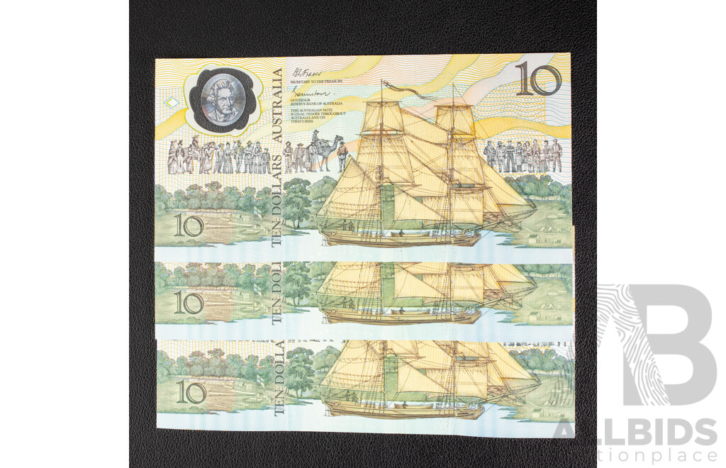 Three Australian 1988 Bicentennial Ten Dollar Notes, First Issue Johnston/Fraser, Consecutive AB 23938747 - AB 23938749