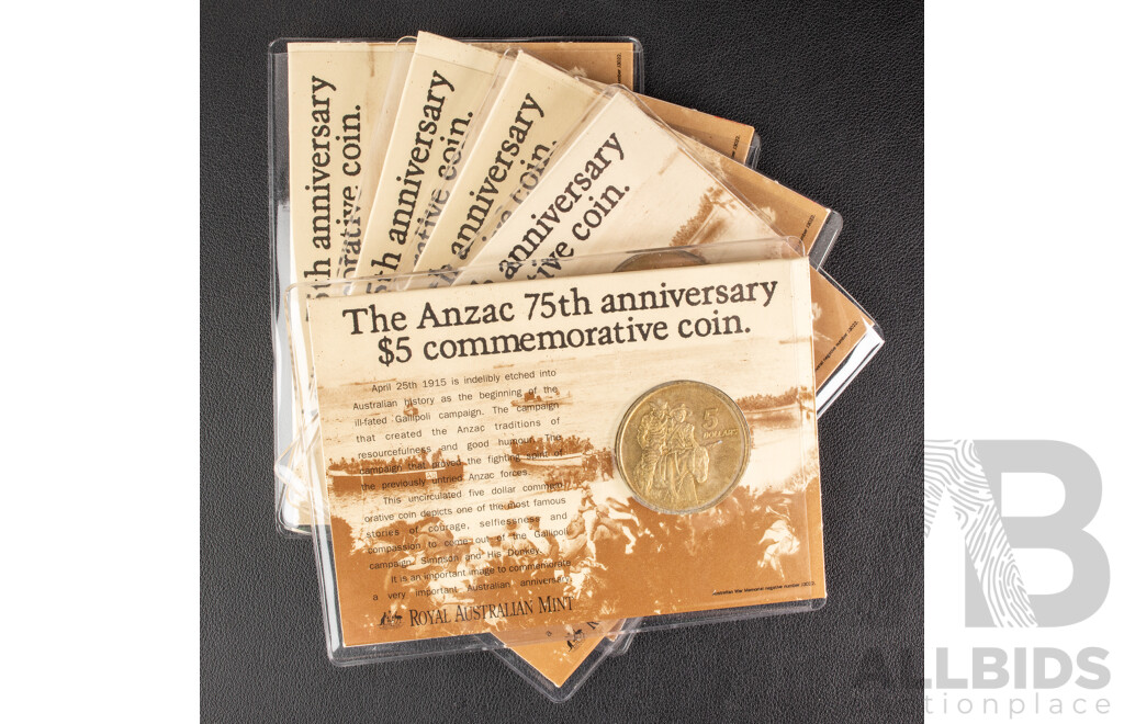 Five Australian RAM 1990 Five Dollar Coins, ANZAC 75th Anniversary