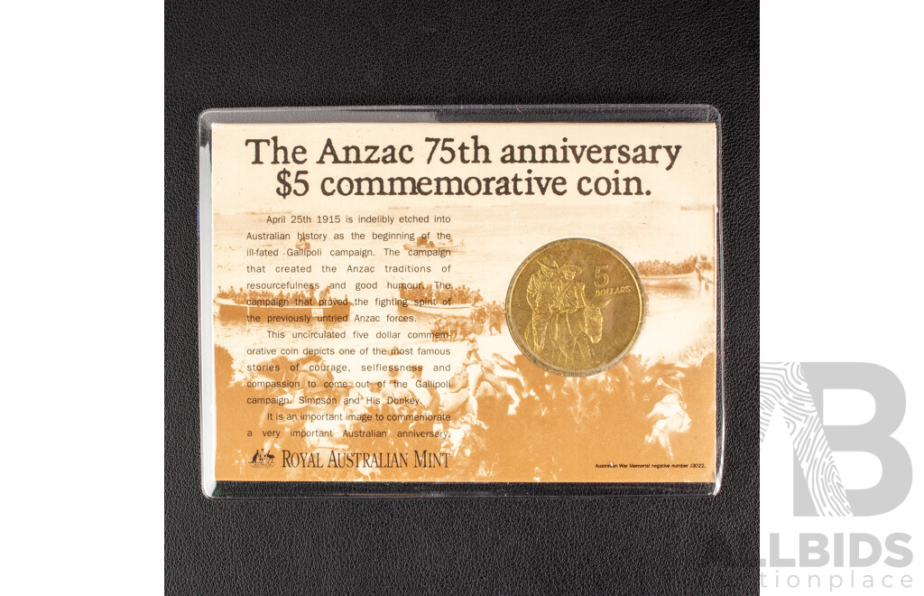 Five Australian RAM 1990 Five Dollar Coins, ANZAC 75th Anniversary