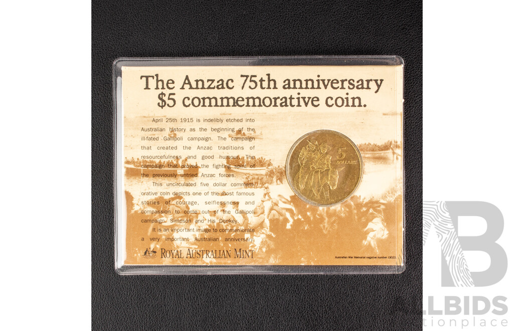Five Australian RAM 1990 Five Dollar Coins, ANZAC 75th Anniversary