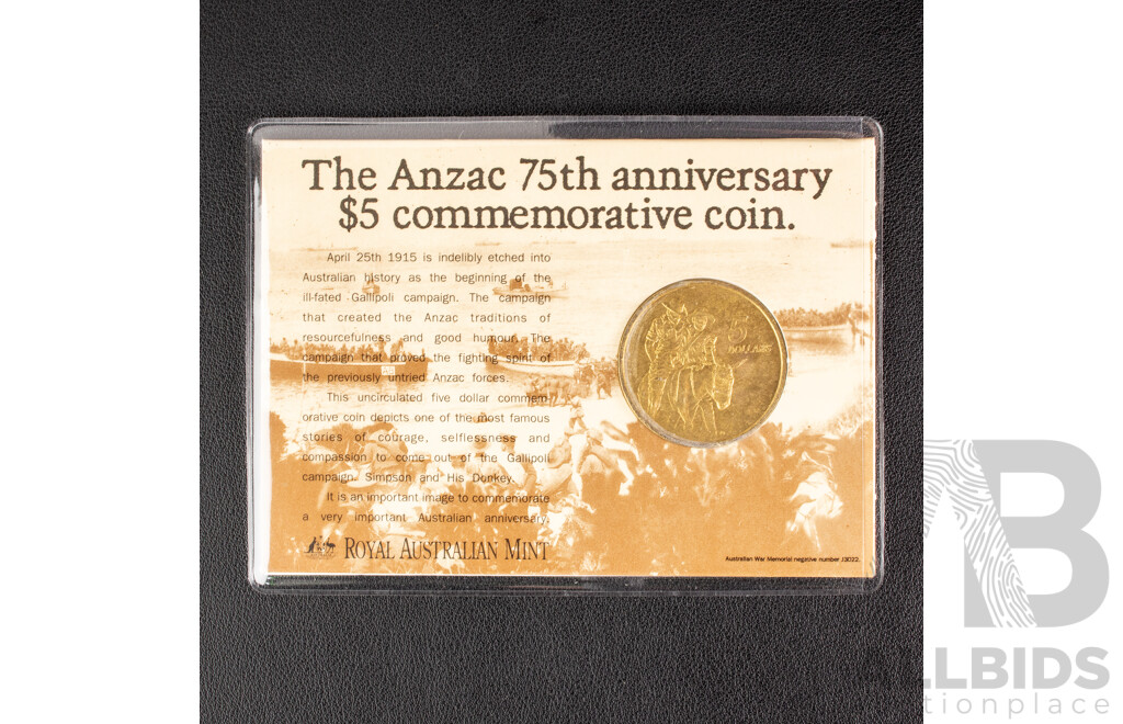 Five Australian RAM 1990 Five Dollar Coins, ANZAC 75th Anniversary