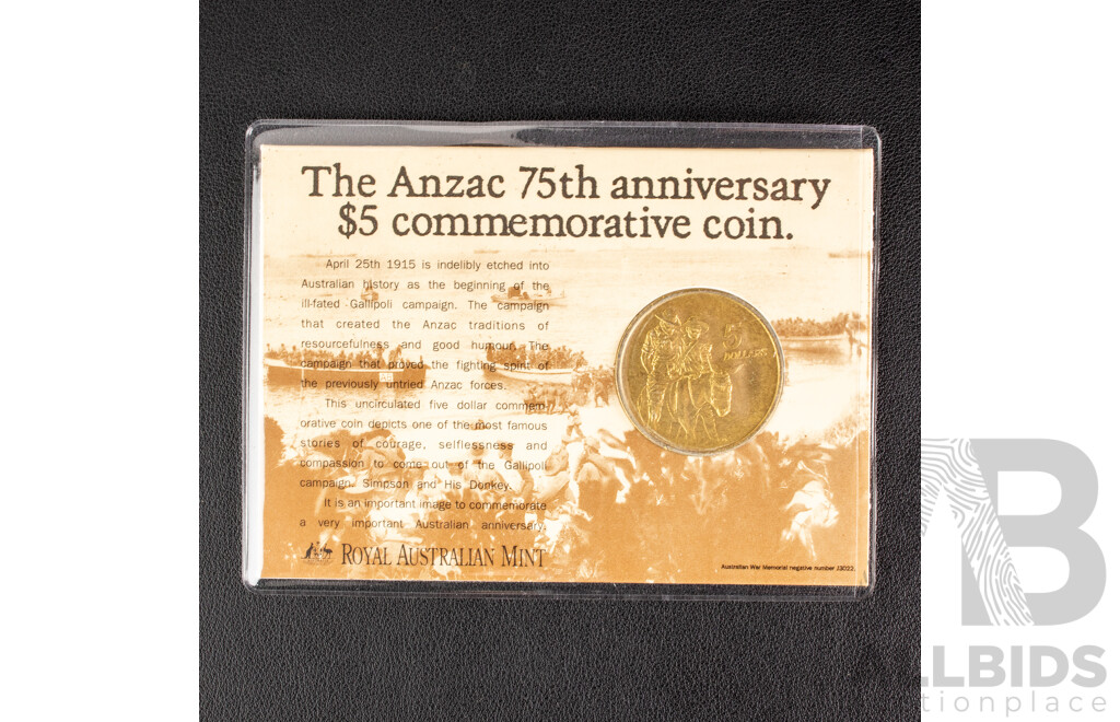 Five Australian RAM 1990 Five Dollar Coins, ANZAC 75th Anniversary