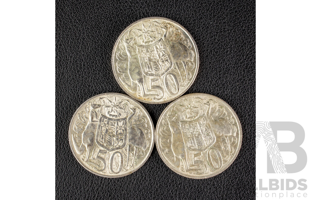 Three Australian 1966 Round Silver Fifty Cent Coins .800
