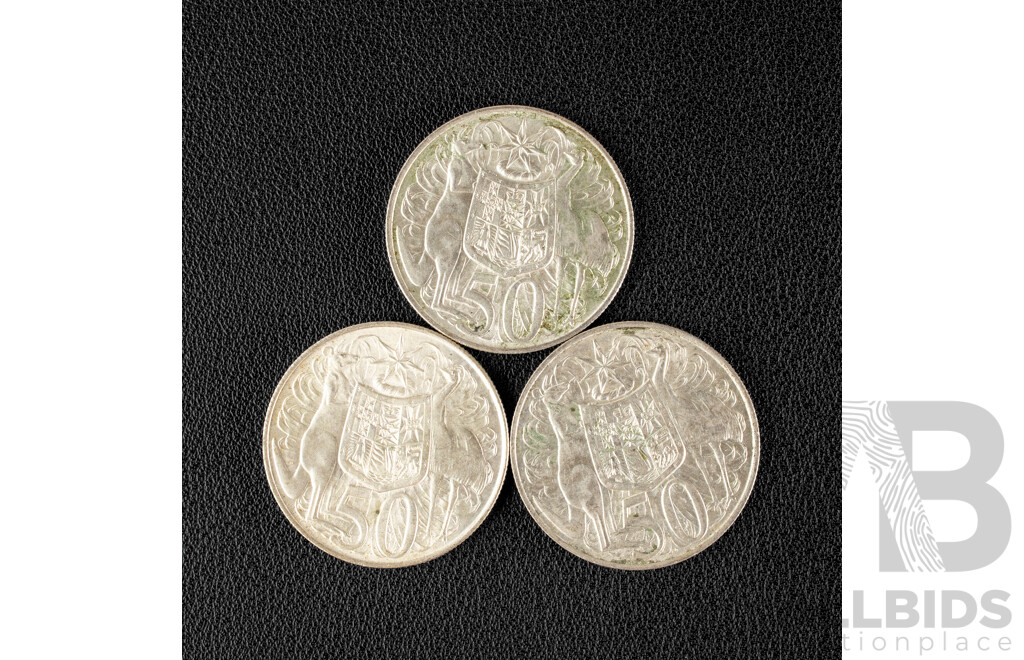 Three Australian 1966 Round Silver Fifty Cent Coins .800