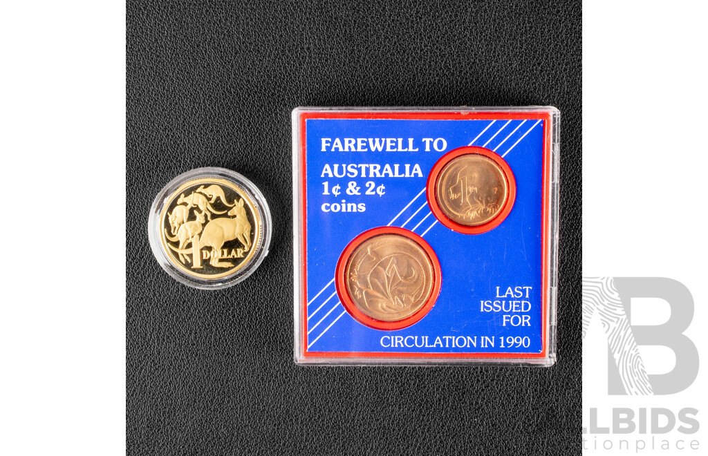 Australian RAM 1984 Proof One Dollar Coin, First Year Issue with 1989/90 UNC One and Two Cent Farewell Pair