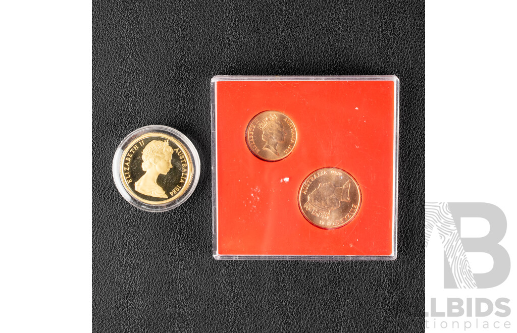 Australian RAM 1984 Proof One Dollar Coin, First Year Issue with 1989/90 UNC One and Two Cent Farewell Pair