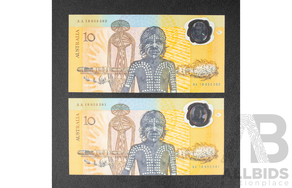Two Australian 1988 Bicentennial Ten Dollar Notes, Collectors Issue Johnston/Fraser, Consecutive AA18053591 -Consecutive AA18053592
