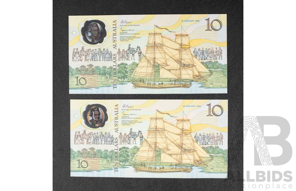 Two Australian 1988 Bicentennial Ten Dollar Notes, Collectors Issue Johnston/Fraser, Consecutive AA18053591 -Consecutive AA18053592