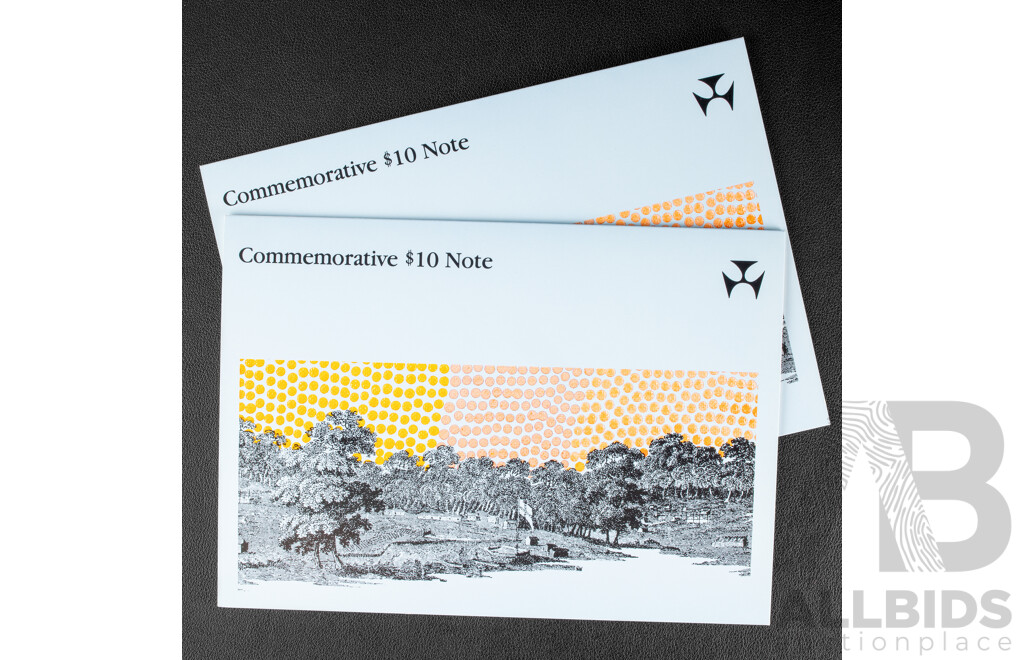 Two Australian 1988 Bicentennial Ten Dollar Notes, Collectors Issue Johnston/Fraser, Consecutive AA18053591 -Consecutive AA18053592