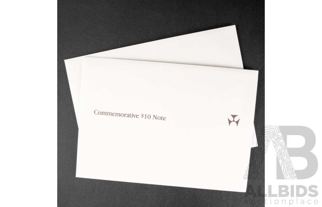 Two Australian 1988 Bicentennial Ten Dollar Notes, Collectors Issue Johnston/Fraser, Consecutive AA18053591 -Consecutive AA18053592