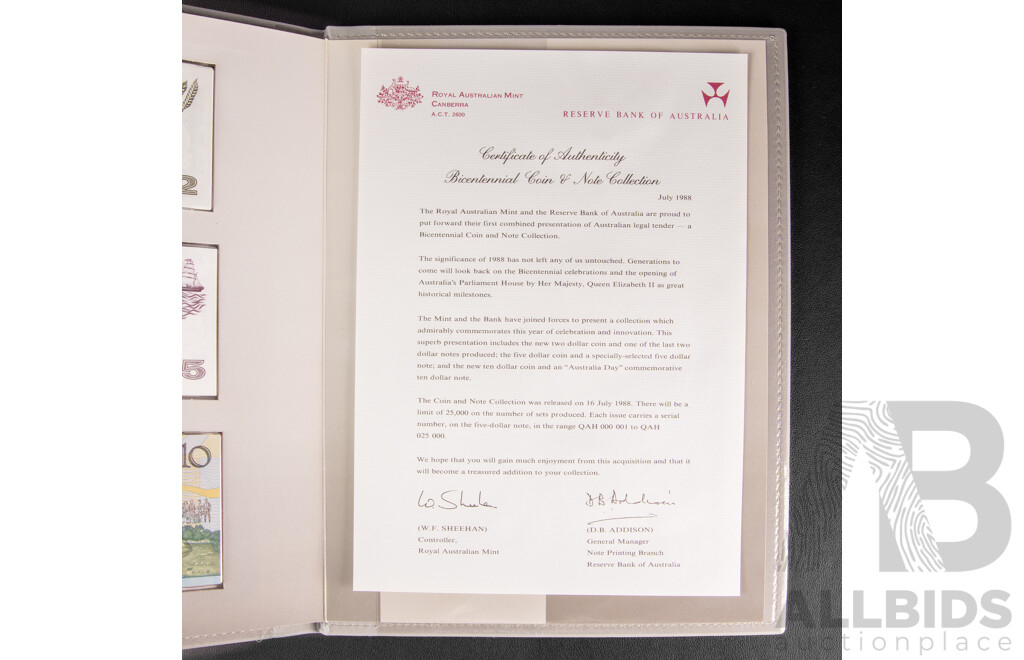 Australian RAM/RBA 1988 Bicentennial Coin and Note Collection Folder, Includes Silver Ten Dollar Coin and Commemorative Ten Dollar Note