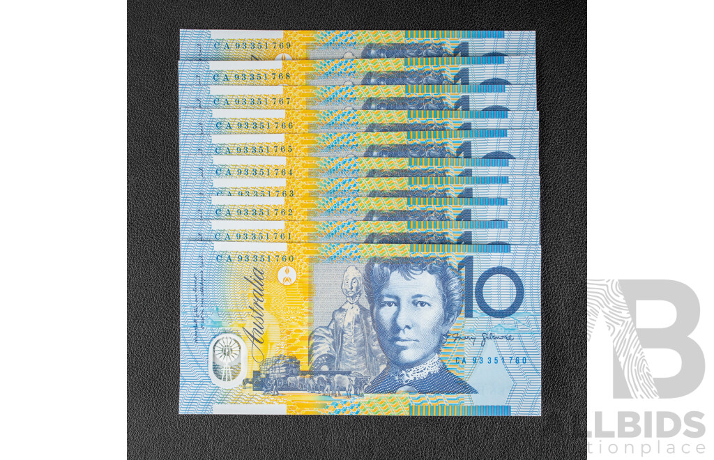 Ten Australian 1993 Ten Dollar Notes, Fraser/Evans, Consecutive CA 93351760 - CA 93351769