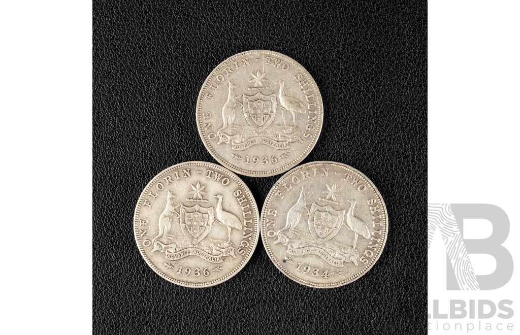 Three Australian KGV Silver Florins Including 1934, 1936(2) .925