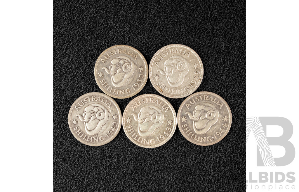 Five Australian KGVI Silver Shillings Including 1939(2) 1942, 1943, 1944  .925