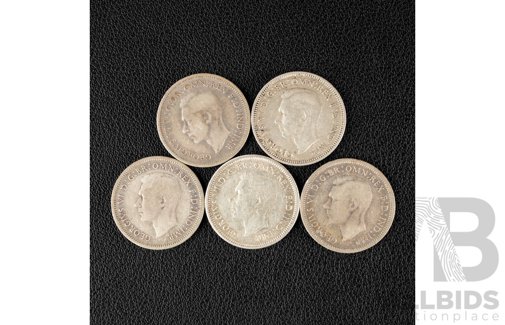 Five Australian KGVI Silver Shillings Including 1939(2) 1942, 1943, 1944  .925