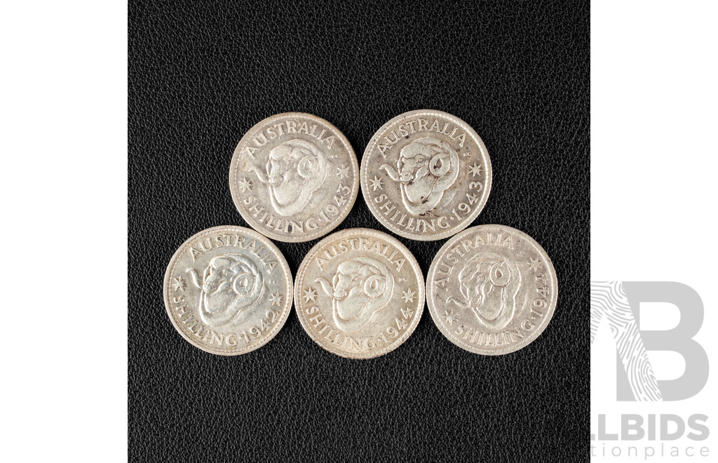 Five Australian KGVI Silver Shillings Including 1942, 1943(2) 1944(2) .925
