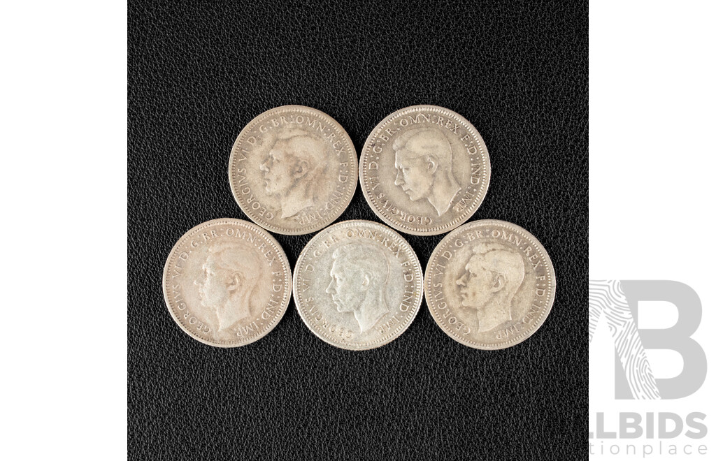 Five Australian KGVI Silver Shillings Including 1942, 1943(2) 1944(2) .925