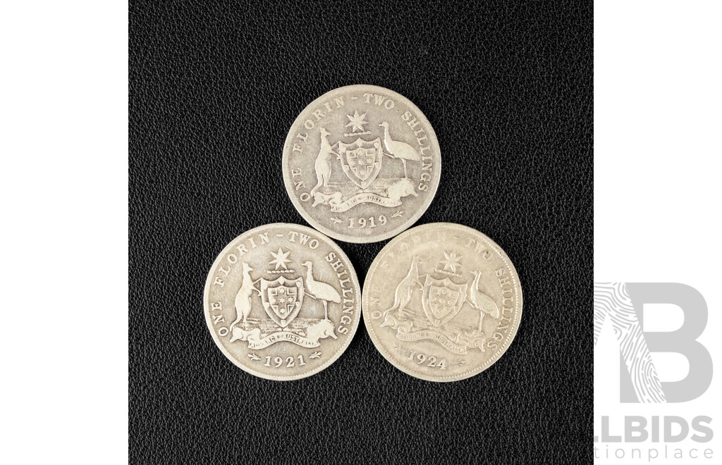 Three Australian KGV Silver Florins Including 1919M, 1921, 1924 .925