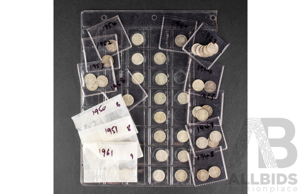 Sixty Australian Silver Threepence, Consecutive Examples Spanning 1948 to 1964 .500