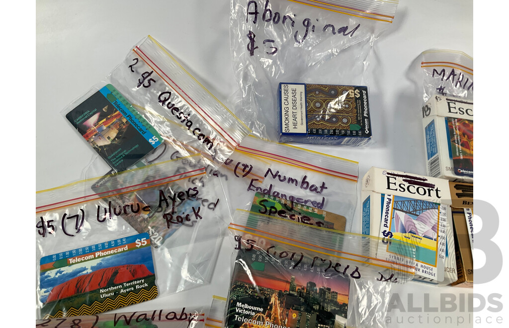 Collection of Australian Phone Cards Including 1990 Adelaide 500th World Championship Grand Prix, 1993 Year of the Worlds Indigenous People, Scenic, Animals and More, Many Multiples