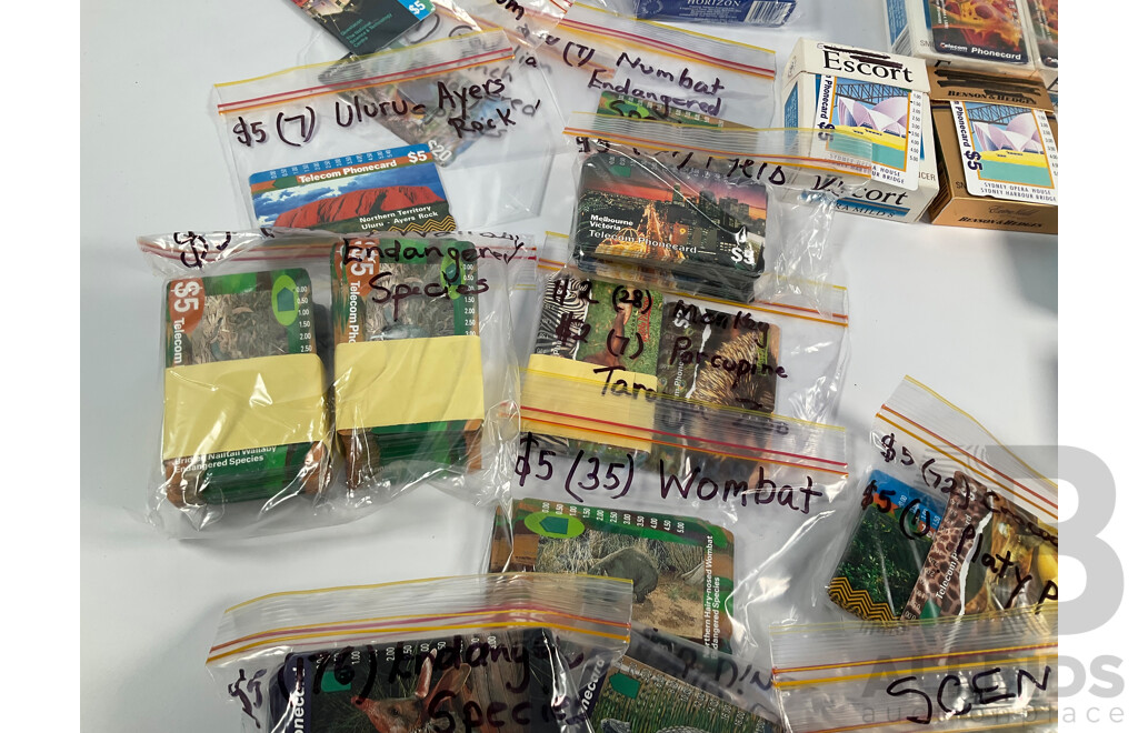 Collection of Australian Phone Cards Including 1990 Adelaide 500th World Championship Grand Prix, 1993 Year of the Worlds Indigenous People, Scenic, Animals and More, Many Multiples