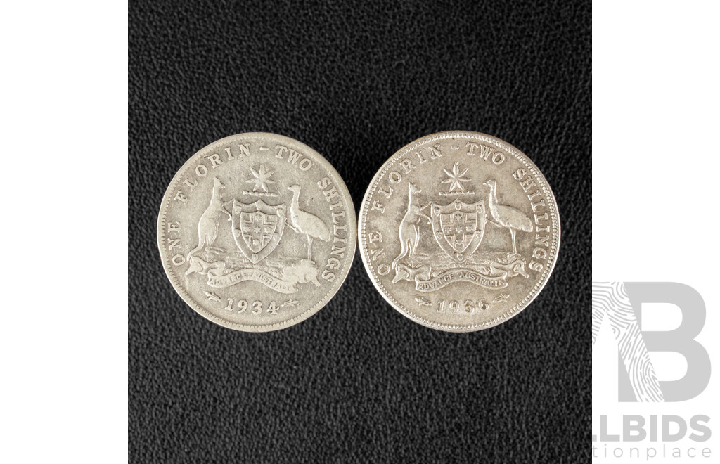 Two Australian KGV Silver Florins 1934 and 1936 .925