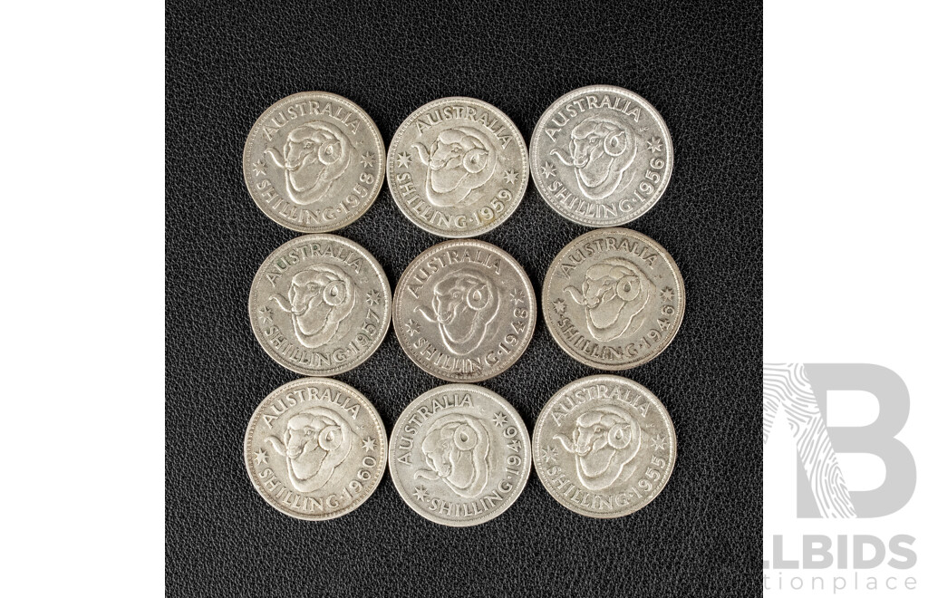 Nine Australian Silver Shillings Including 1946(2), 1948, 1955, 1956 1957, 1958, 1959, 1960  .500