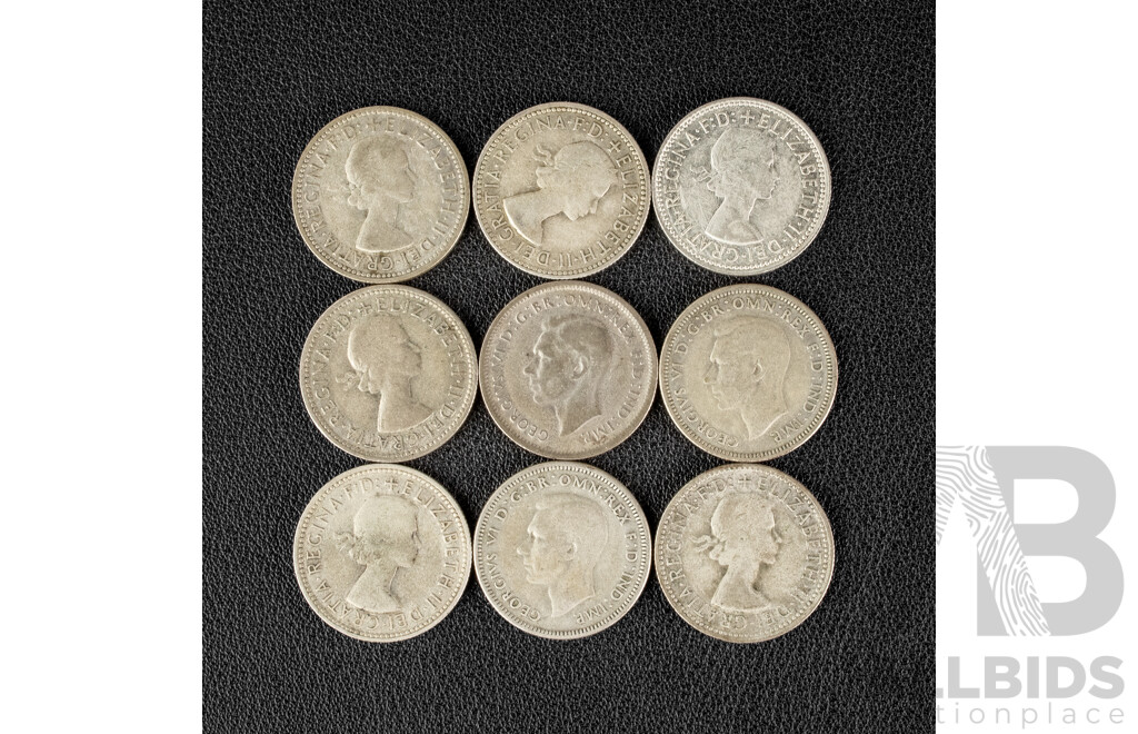 Nine Australian Silver Shillings Including 1946(2), 1948, 1955, 1956 1957, 1958, 1959, 1960  .500
