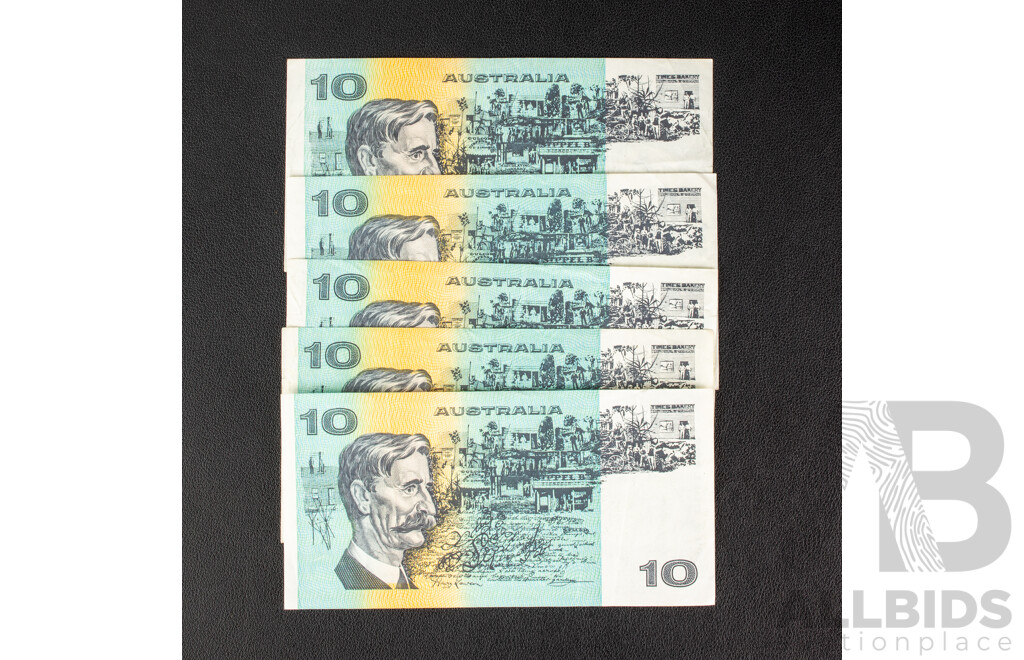 Five Australian 1991 Ten Dollar Notes, Fraser/Cole R313b