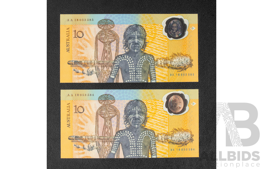 Two Australian 1988 Bicentennial Ten Dollar Notes, Collectors Issue Johnston/Fraser, Consecutive AA18053584 -Consecutive AA18053585