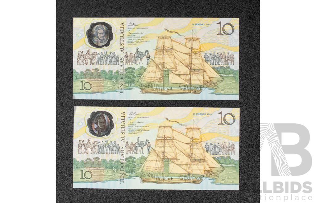Two Australian 1988 Bicentennial Ten Dollar Notes, Collectors Issue Johnston/Fraser, Consecutive AA18053584 -Consecutive AA18053585