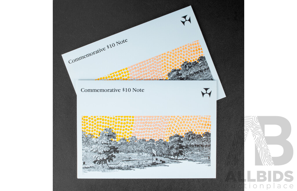 Two Australian 1988 Bicentennial Ten Dollar Notes, Collectors Issue Johnston/Fraser, Consecutive AA18053584 -Consecutive AA18053585