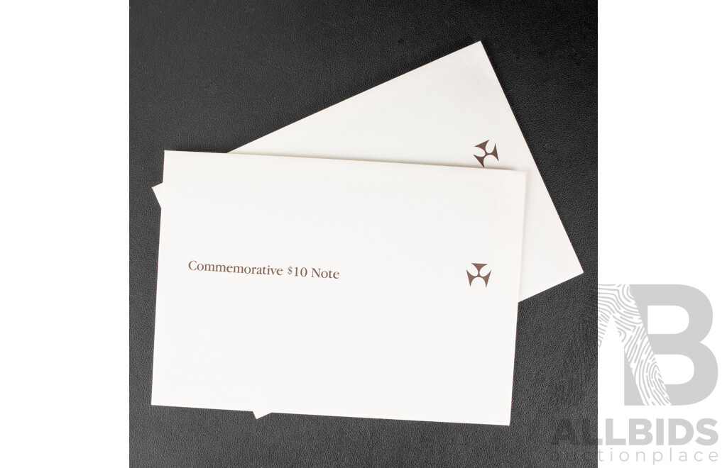 Two Australian 1988 Bicentennial Ten Dollar Notes, Collectors Issue Johnston/Fraser, Consecutive AA18053584 -Consecutive AA18053585