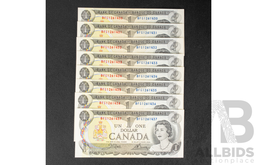 Eight Canadian 1973 QE2 One Dollar Notes, Consecutive BFG 1261430 - BFG 1261437