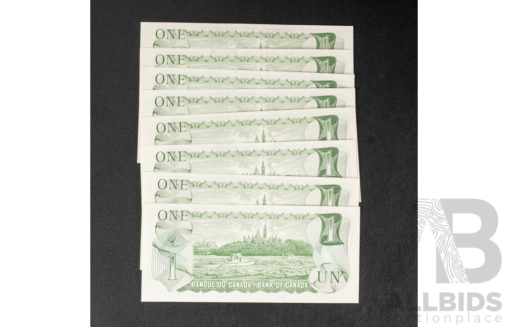 Eight Canadian 1973 QE2 One Dollar Notes, Consecutive BFG 1261430 - BFG 1261437
