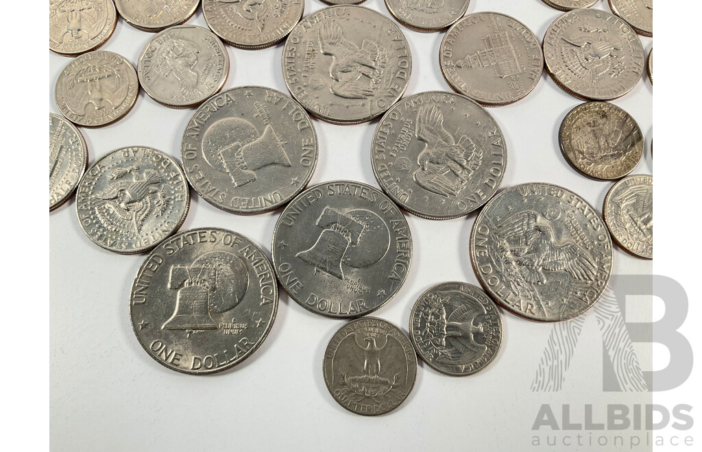Collection of USA Dollars, Half Dollars and Quarters Including 1776-1976 Commemoratives