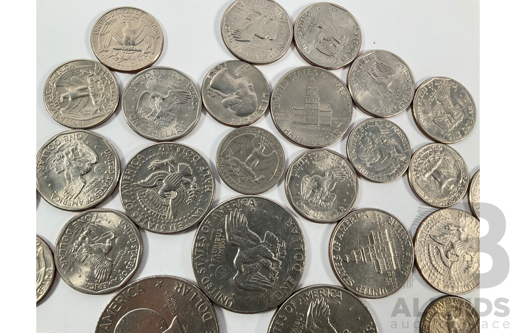 Collection of USA Dollars, Half Dollars and Quarters Including 1776-1976 Commemoratives