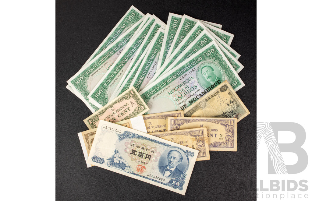 Collection of Vintage Banknotes Including Twelve Mozambique 1961 100 Escudos, Japanese Occupation and Domestic