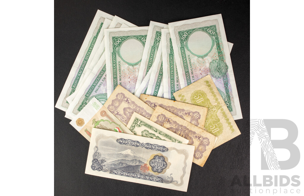 Collection of Vintage Banknotes Including Twelve Mozambique 1961 100 Escudos, Japanese Occupation and Domestic