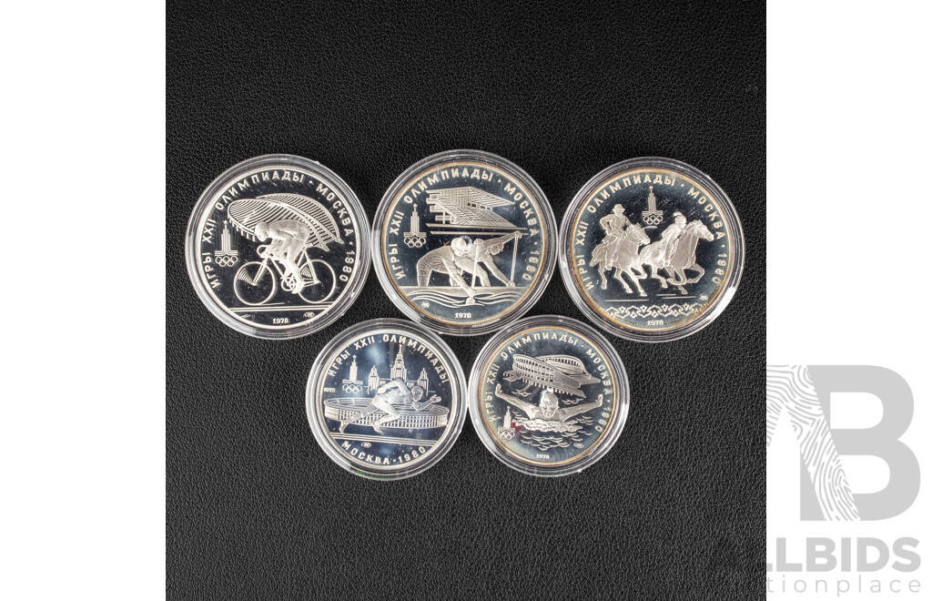USSR 1978 Silver Five Proof Coin Set, 1980 Moscow Games of the XXII Olympiad .900