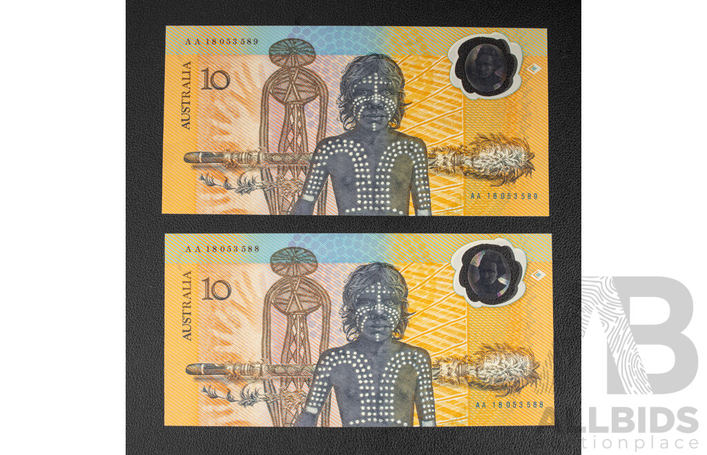 Two Australian 1988 Bicentennial Ten Dollar Notes, Collectors Issue Johnston/Fraser, Consecutive AA18053588 - Consecutive AA18053589