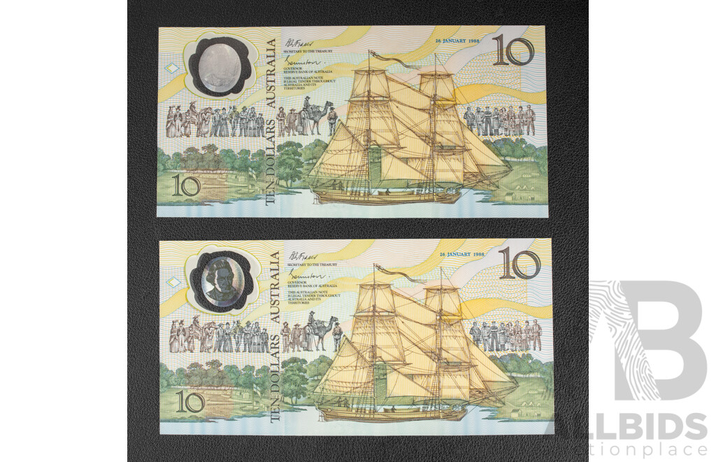Two Australian 1988 Bicentennial Ten Dollar Notes, Collectors Issue Johnston/Fraser, Consecutive AA18053588 - Consecutive AA18053589
