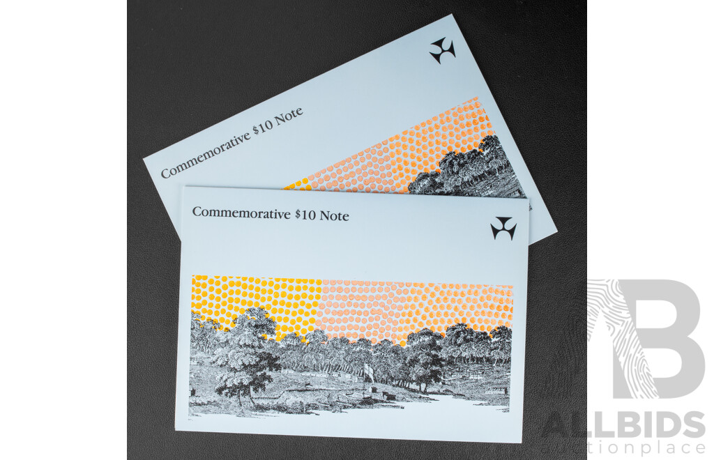 Two Australian 1988 Bicentennial Ten Dollar Notes, Collectors Issue Johnston/Fraser, Consecutive AA18053588 - Consecutive AA18053589